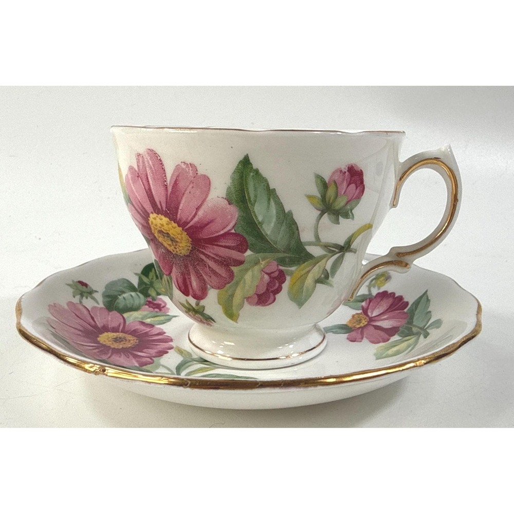 Royal Vale bone China teacup and saucer set floral gold trim